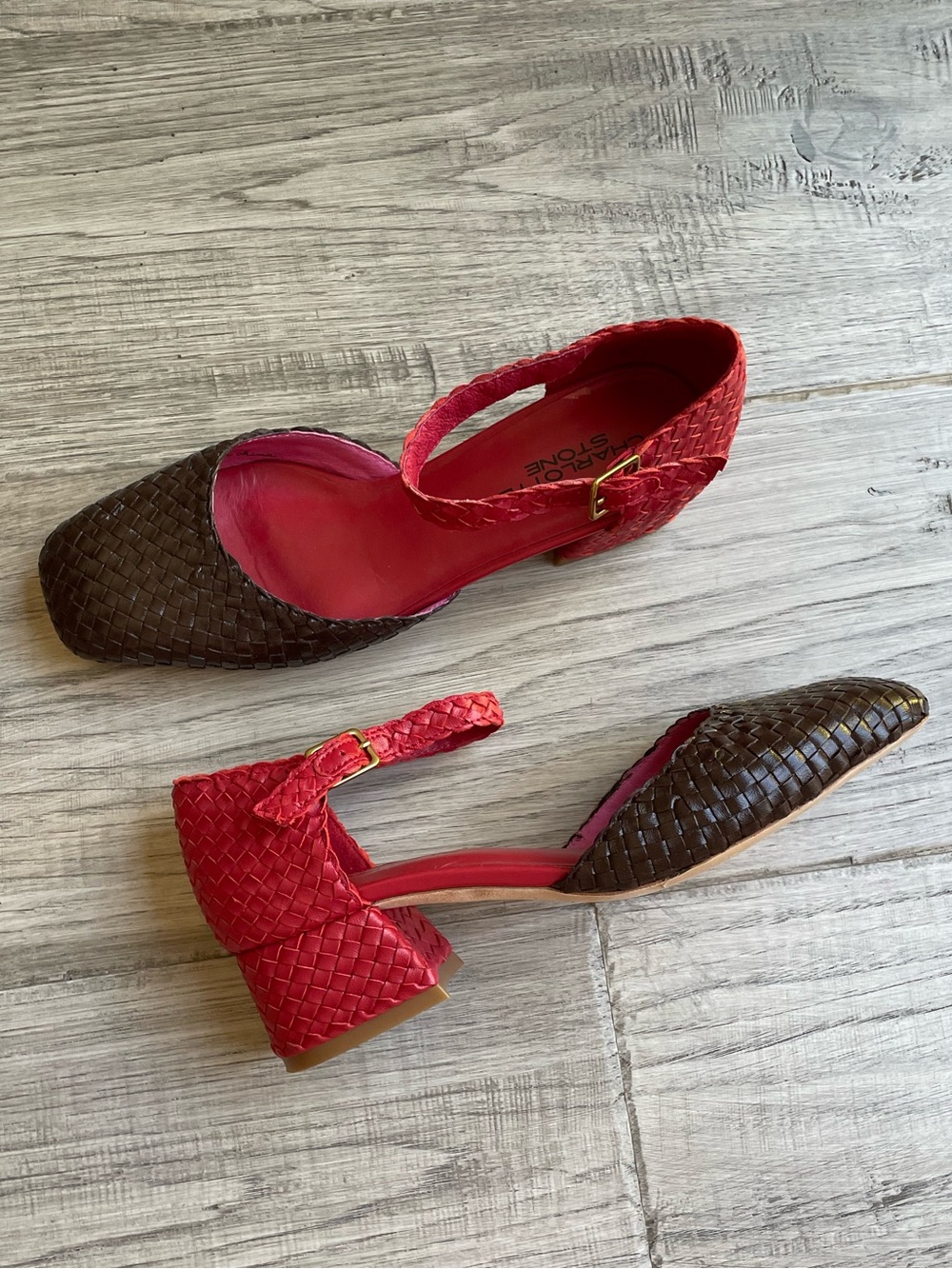 Charlotte Stone Mary Jane Chunky Heel Woven Leather Brown/Red Mod Chic SZ 7
